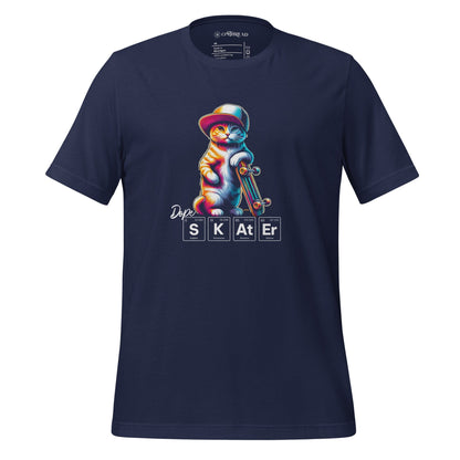 Navy t-shirt featuring a colorful illustration of a cat in a hat holding a skateboard. Below the cat, the word 'SKATER' is spelled out using periodic table elements: Sulfur (S), Potassium (K), Astatine (At), and Erbium (Er).