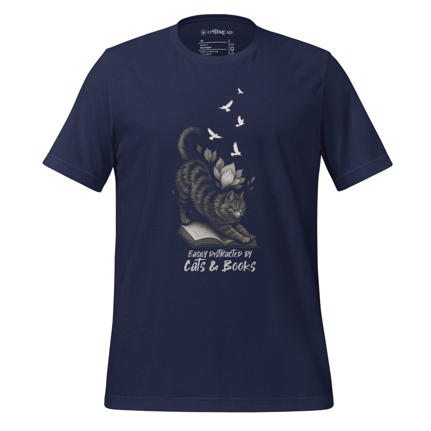 OMTHREAD Navy / XS Easily Distracted by Cats and Books Funny Cat Reader T-Shirt