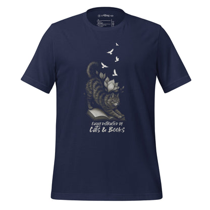 OMTHREAD Navy / XS Easily Distracted by Cats and Books Funny Cat Reader T-Shirt