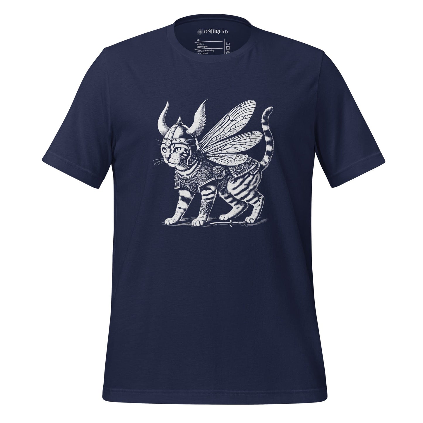 A navy t-shirt featuring a detailed illustration of a cat dressed as a Viking warrior, complete with armor, horned helmet, and insect-like wings. The cat stands confidently with intricate linework and patterns enhancing the design.