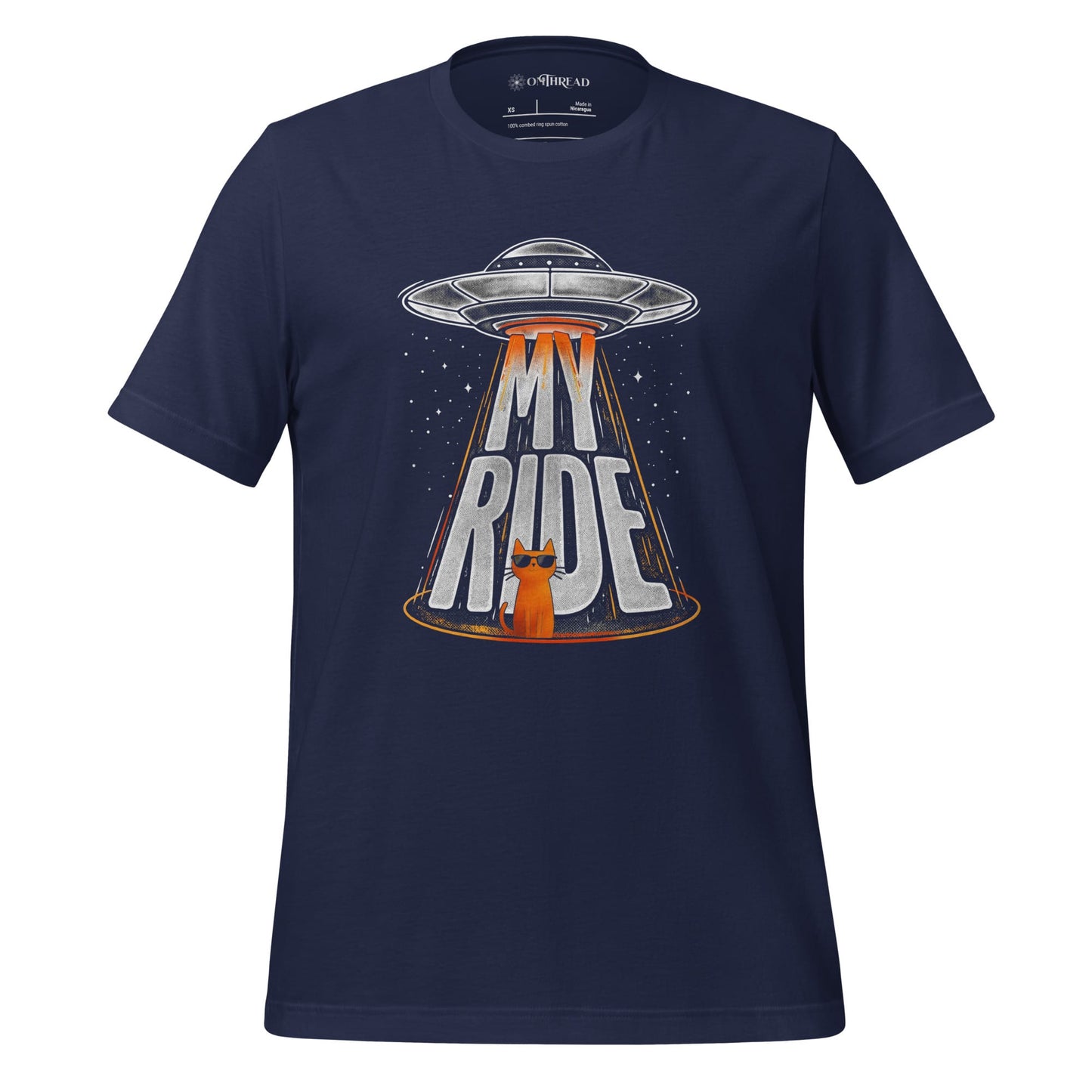 OMTHREAD Navy / XS Funny Orange Cat UFO Shirt Alien Cat Sci Fi My Ride Tee