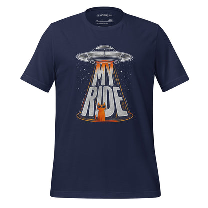 OMTHREAD Navy / XS Funny Orange Cat UFO Shirt Alien Cat Sci Fi My Ride Tee
