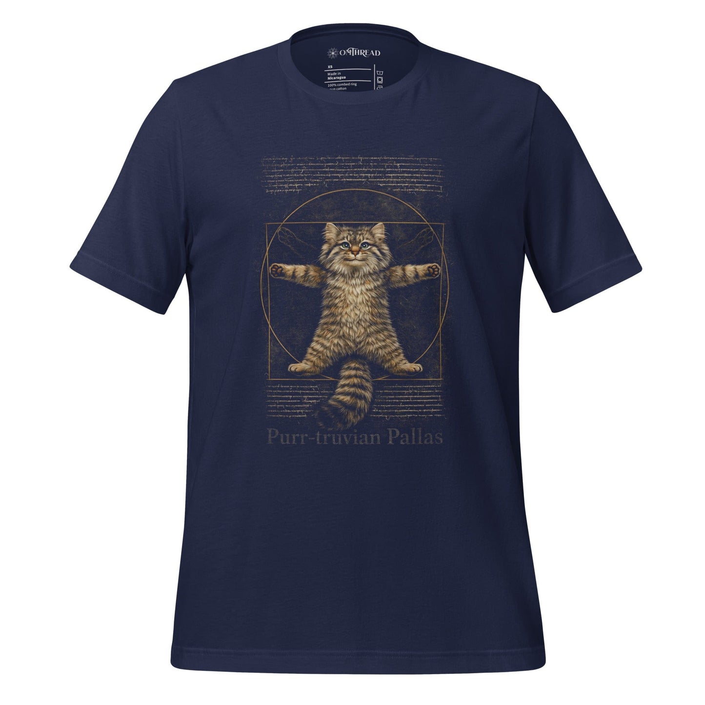 OMTHREAD Navy / XS Funny Purr-truvian Pallas Cat T-Shirt Vitruvian Manul Da Vinci Parody
