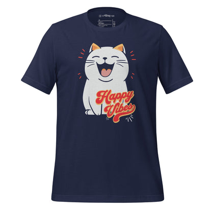 Navy blue t-shirt featuring a cheerful white cartoon cat with closed eyes and a big smile. The cat is surrounded by red lines for emphasis, and the phrase 'Happy Vibes' is written in bold, retro-style orange and yellow lettering below it.