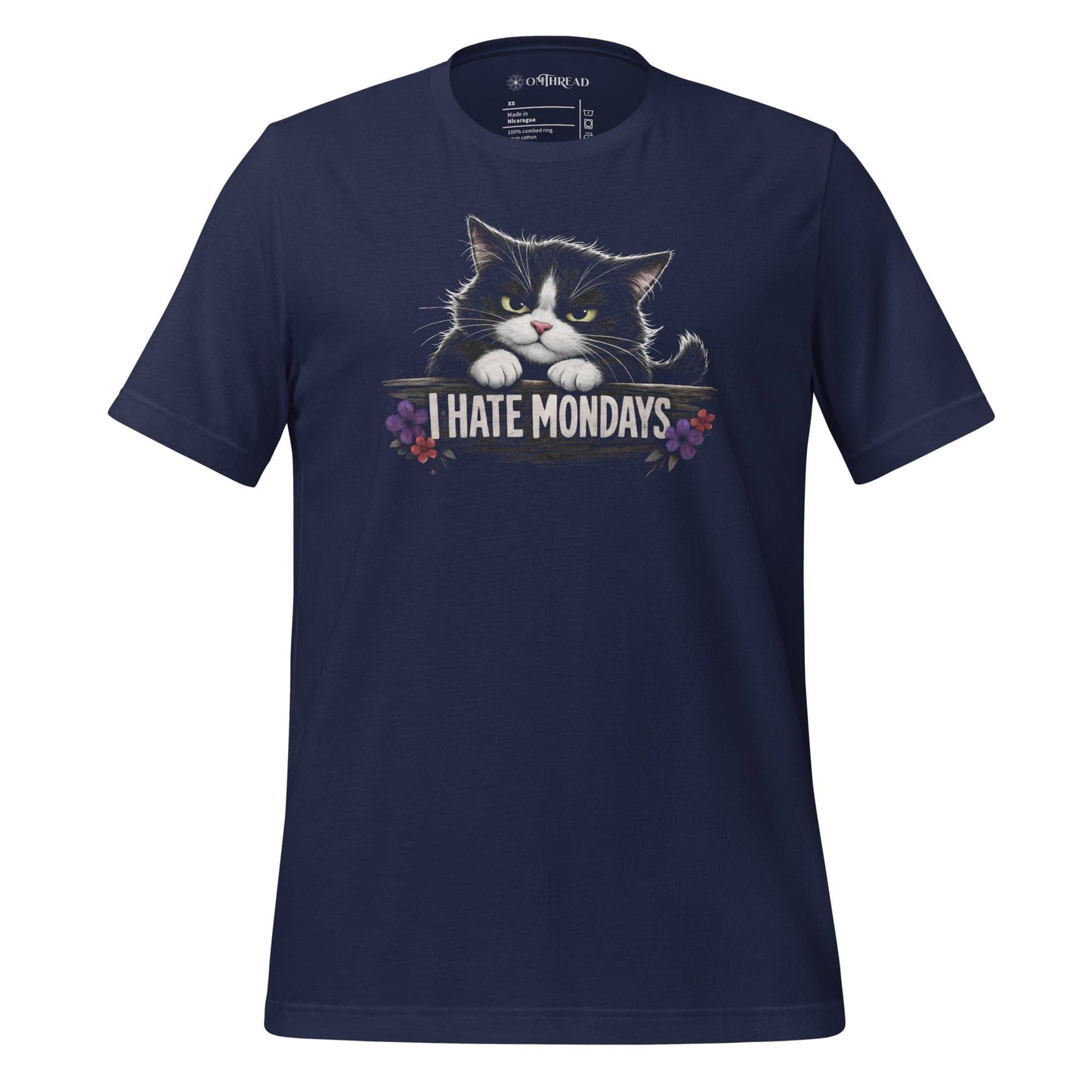 OMThread navy t-shirt with grumpy tuxedo cat peeking over “I HATE MONDAYS” text, small floral accents, funny cat lover graphic tee