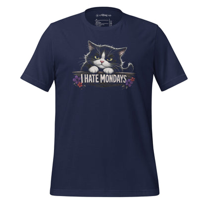 OMThread navy t-shirt with grumpy tuxedo cat peeking over “I HATE MONDAYS” text, small floral accents, funny cat lover graphic tee