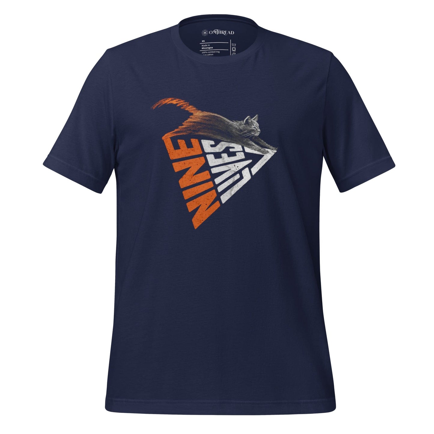 OMThread navy blue t-shirt with Nine Lives angled triangle text and leaping cat graphic