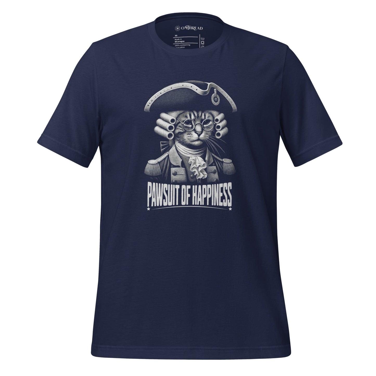 Navy blue t-shirt featuring a humorous design of a cat dressed as a founding father in colonial attire, complete with a tricorne hat and glasses. The text, Pawsuit of Happiness is displayed below in bold, styled with stars and a decorative arch.