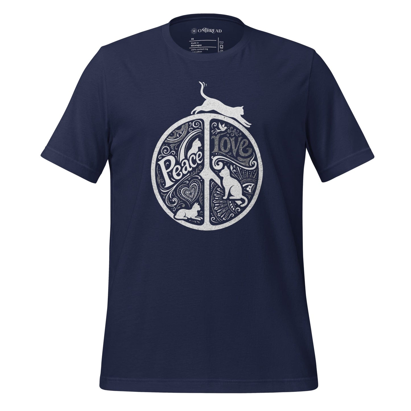 OMTHREAD Navy / XS Peace Love Cats Retro Mandala T-Shirt