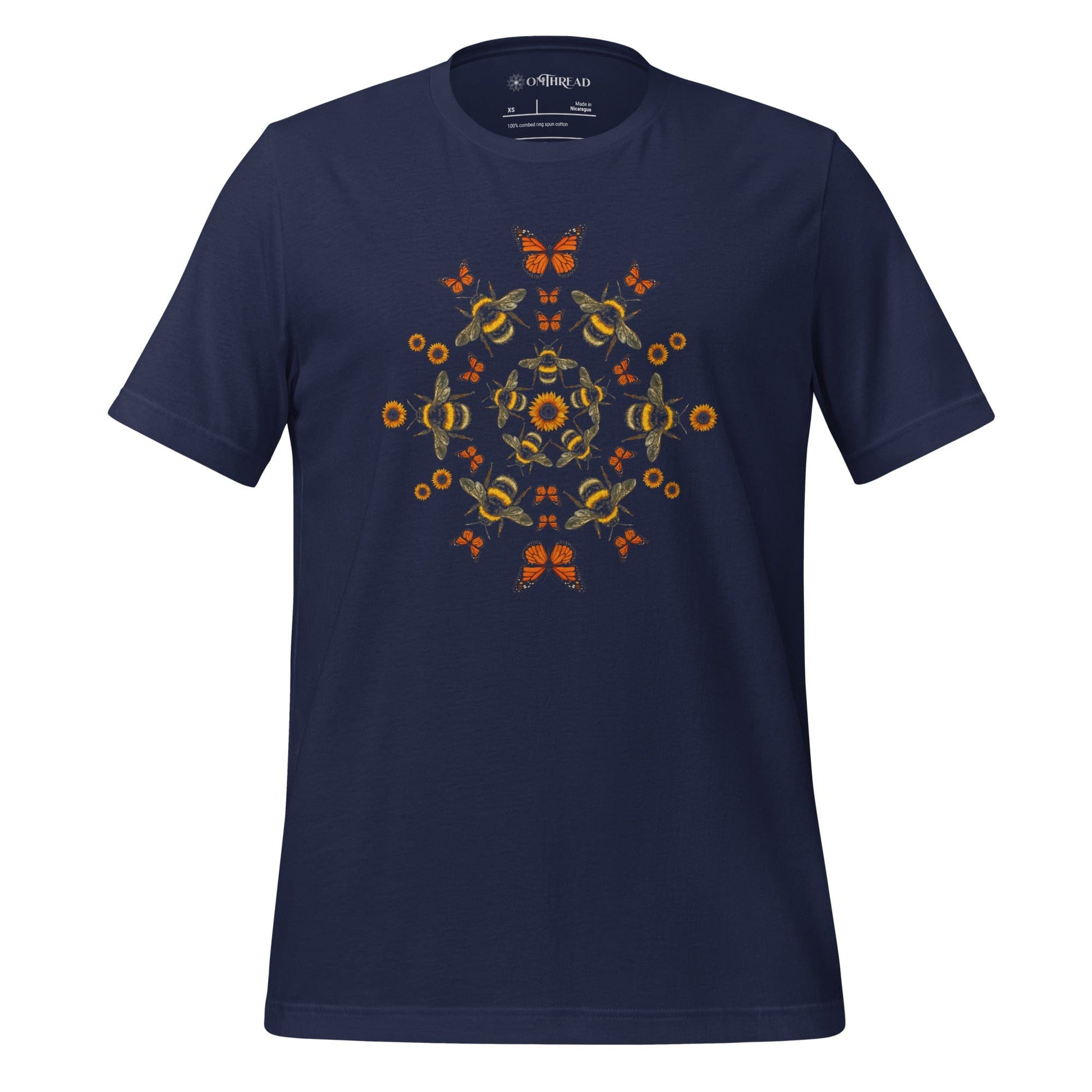 OMTHREAD Navy / XS Pollinator Mandala T-Shirt Monarch Butterfly Bee Sunflower