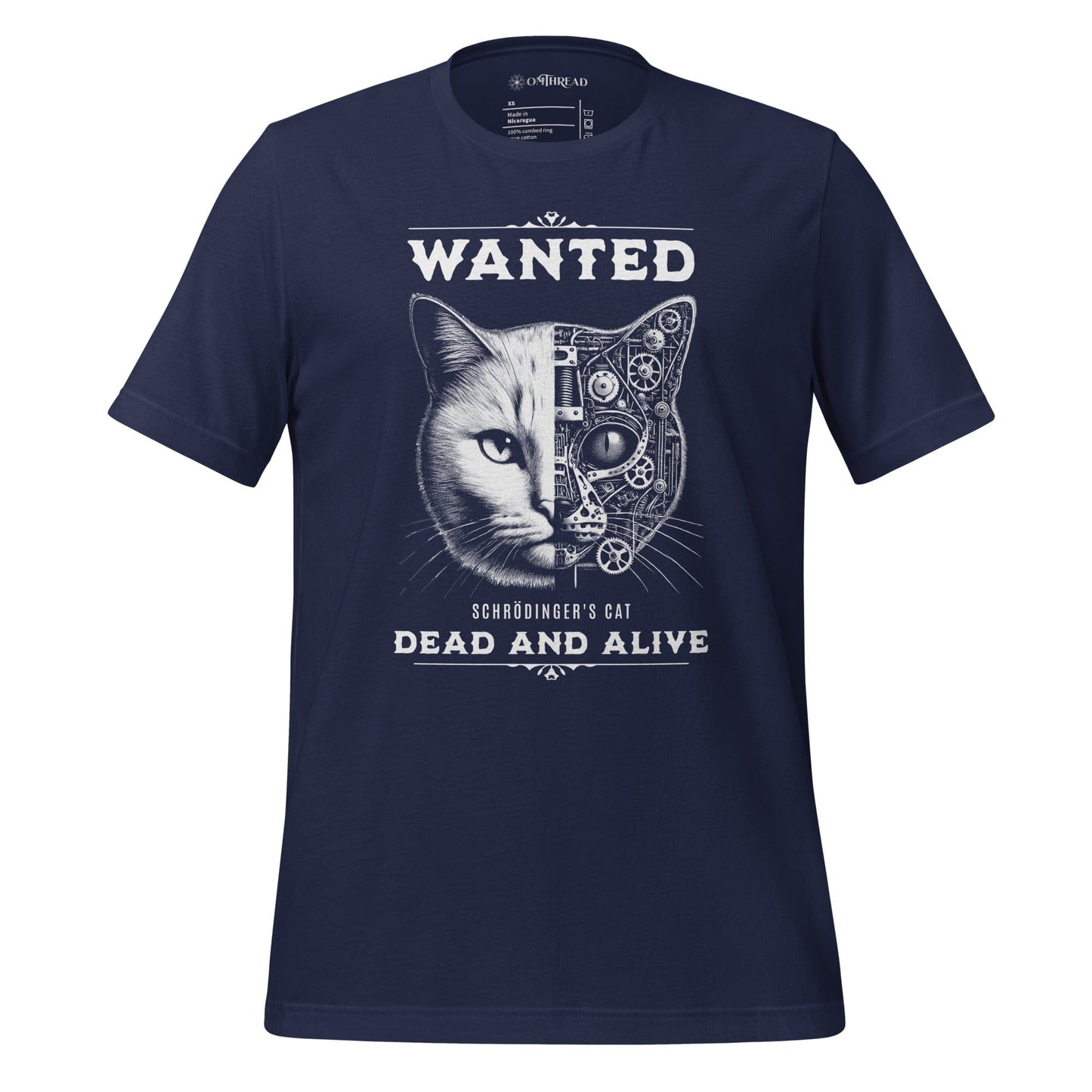 Navy t-shirt featuring a design of Schrödinger's Cat with the text 'WANTED' above and 'DEAD AND ALIVE' below. The cat's face is half-realistic and half-mechanical, showcasing gears and intricate machinery on one side.