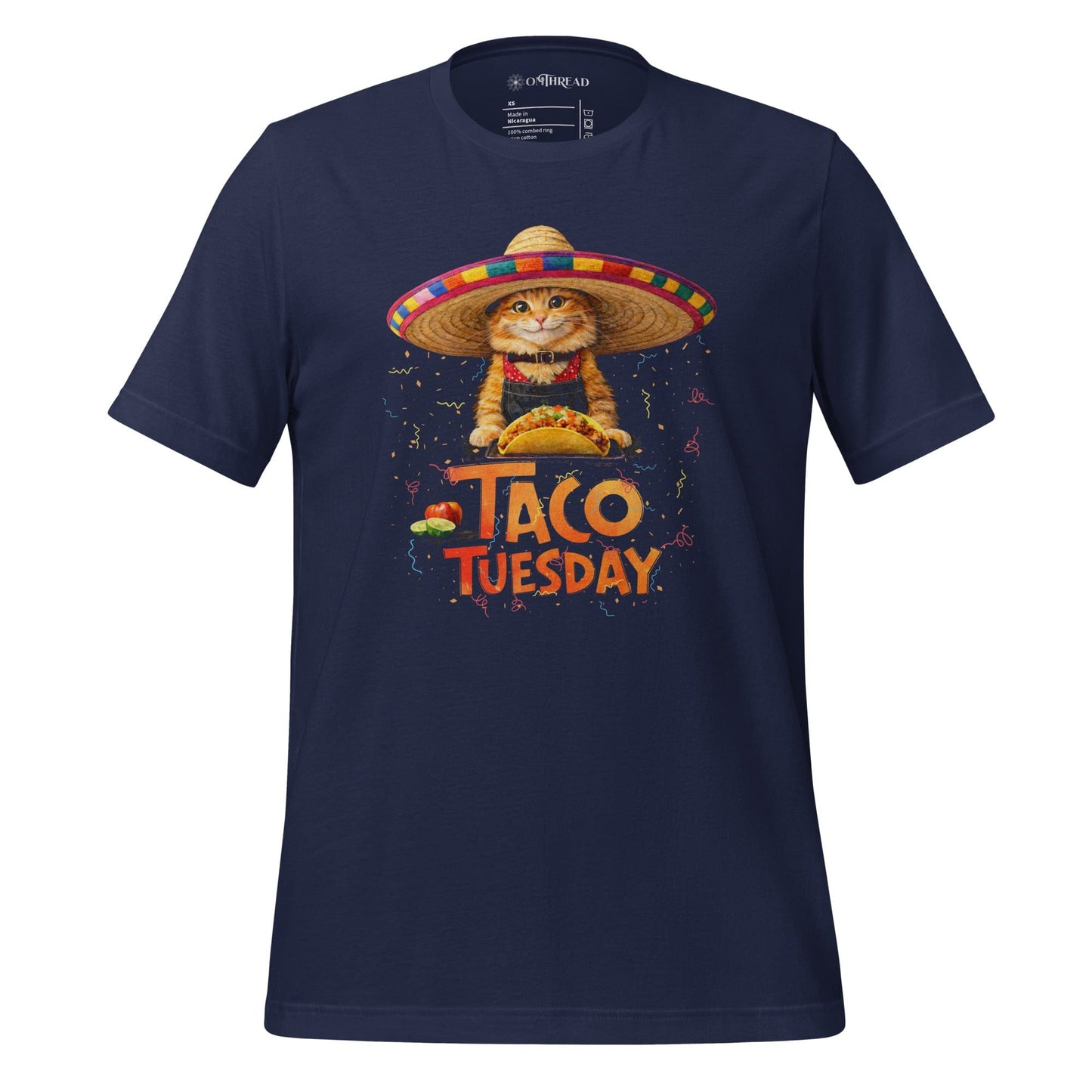 OMTHREAD Navy / XS Taco Tuesday Orange Cat Shirt Sombrero Fiesta Funny Tee