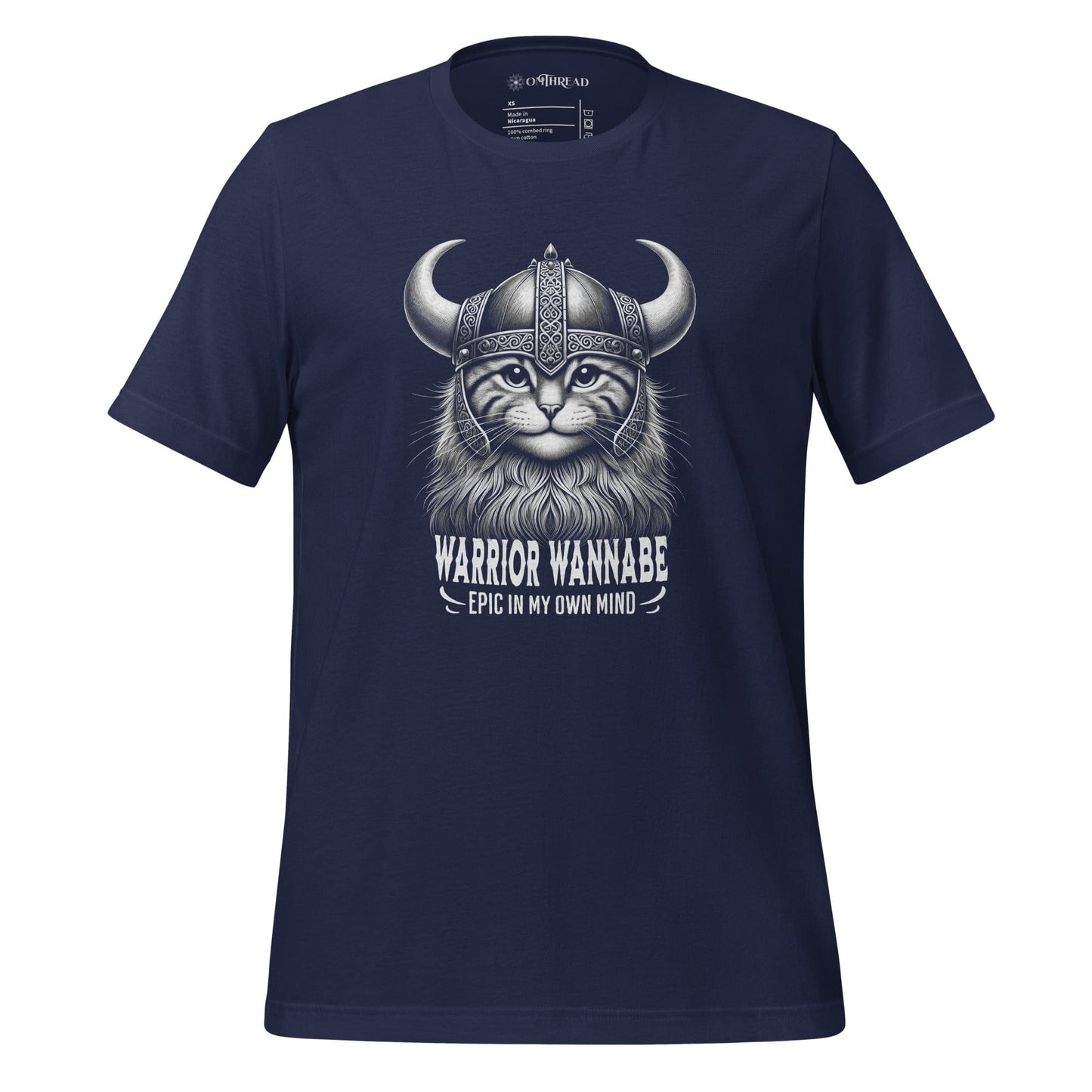 OMThread Warrior Wannabe Cat navy T-Shirt featuring a Viking cat with a horned helmet and a majestic beard, humorously captioned Epic in My Own Mind