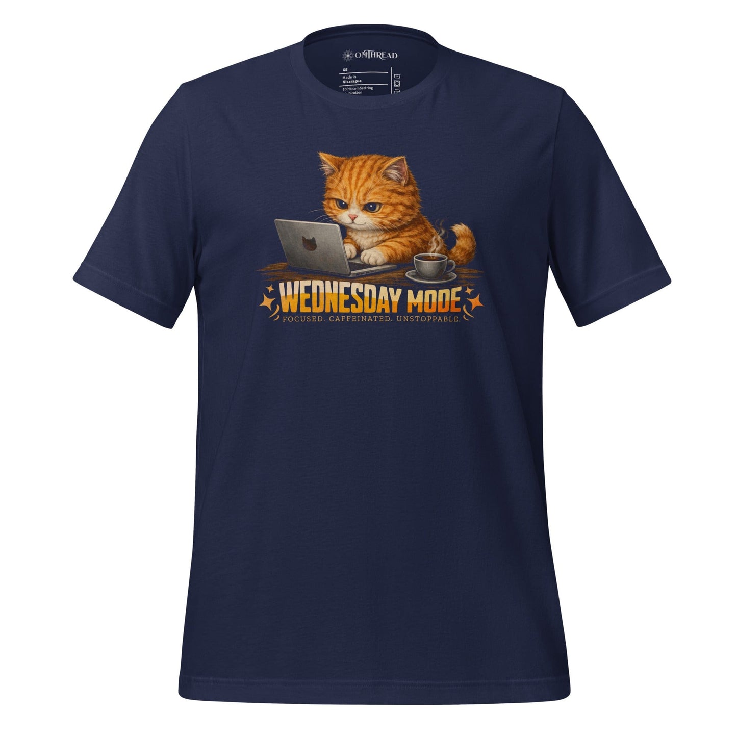 OMTHREAD Navy / XS Wednesday Mode Cat Working on Laptop Funny Coffee Shirt
