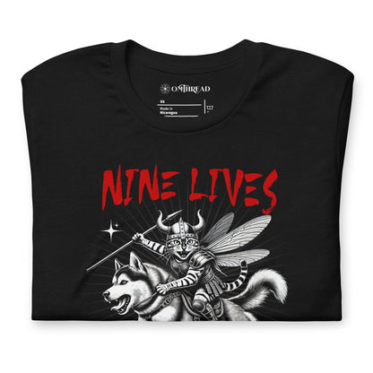 OMTHREAD Nine Lives Before Valhalla T-Shirt | Viking Cat Warrior and Husky Tee