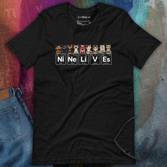 Black t-shirt featuring nine illustrated cats, each with a unique expression, sitting above periodic table elements that spell 'Ni Ne Li V Es' (Nickel, Neon, Lithium, Vanadium, and Einsteinium), representing 'Nine Lives.