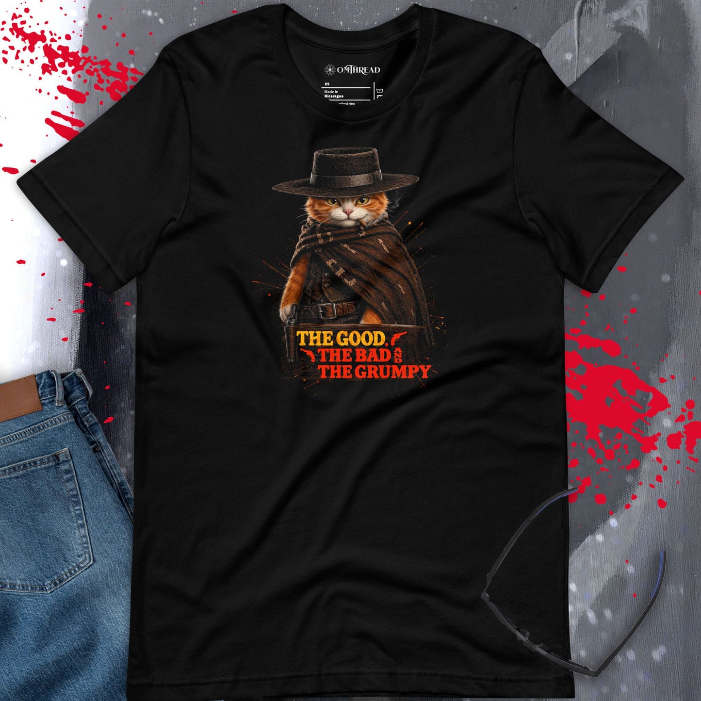 OMTHREAD Orange Cat Cowboy Western Movie Funny Graphic T-Shirt