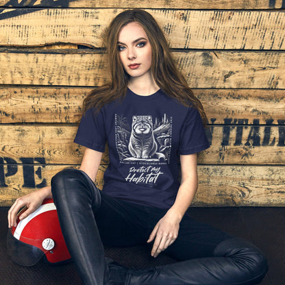 Woman wearing navy blue t-shirt featuring a detailed black-and-white illustration of a Pallas cat sitting in its natural habitat, surrounded by mountains and rocks. Text reads 'Protect My Habitat' with additional phrases like 'Habitat Loss | Pallas Cat Awareness' and 'Stay Insanely Wild & Stay Fluffy'.