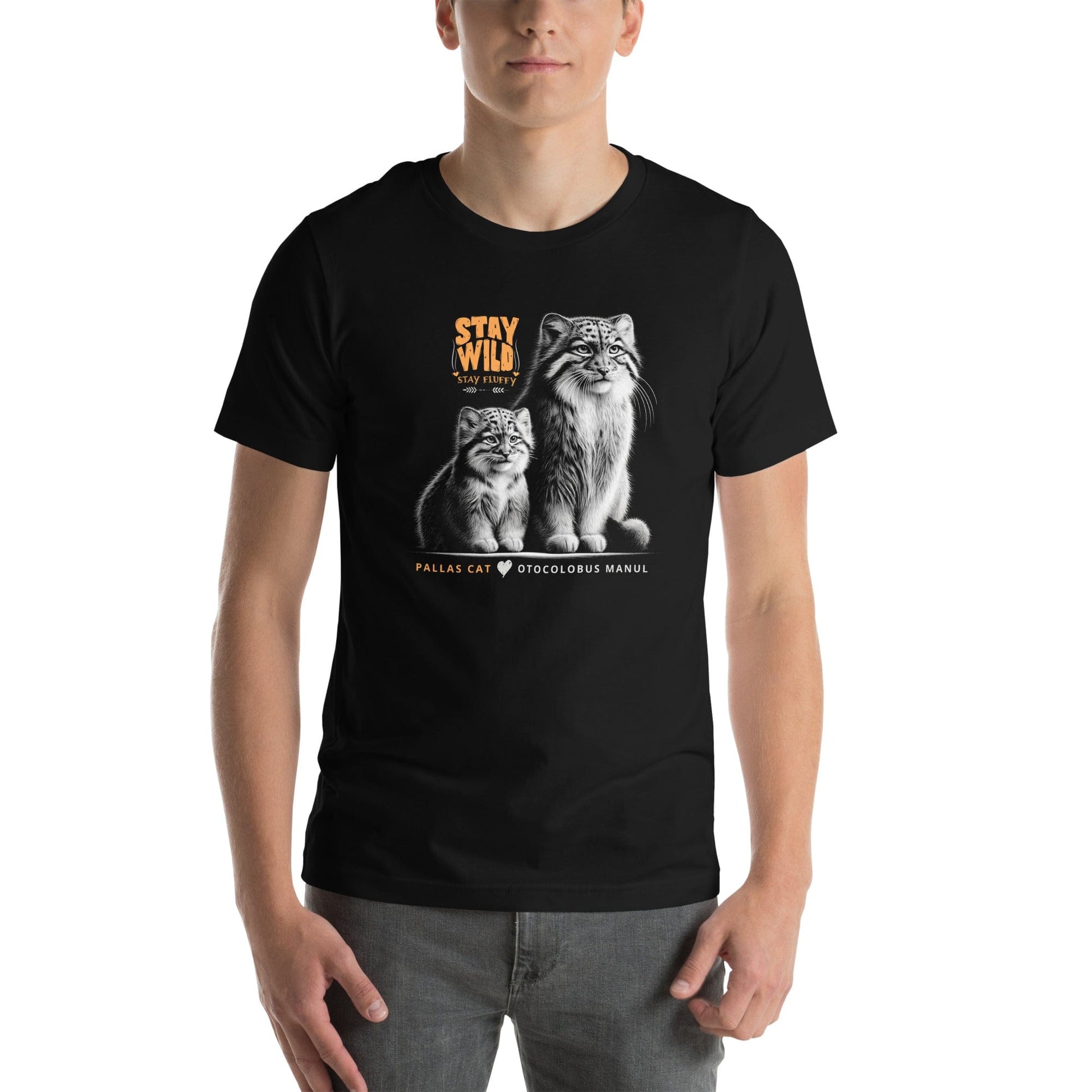 Man wearing OMThread's 'Stay Wild, Stay Fluffy' Pallas Cat t-shirt in black, featuring lifelike graphics of adult and baby Pallas cats with a conservation message, ideal for animal advocates.