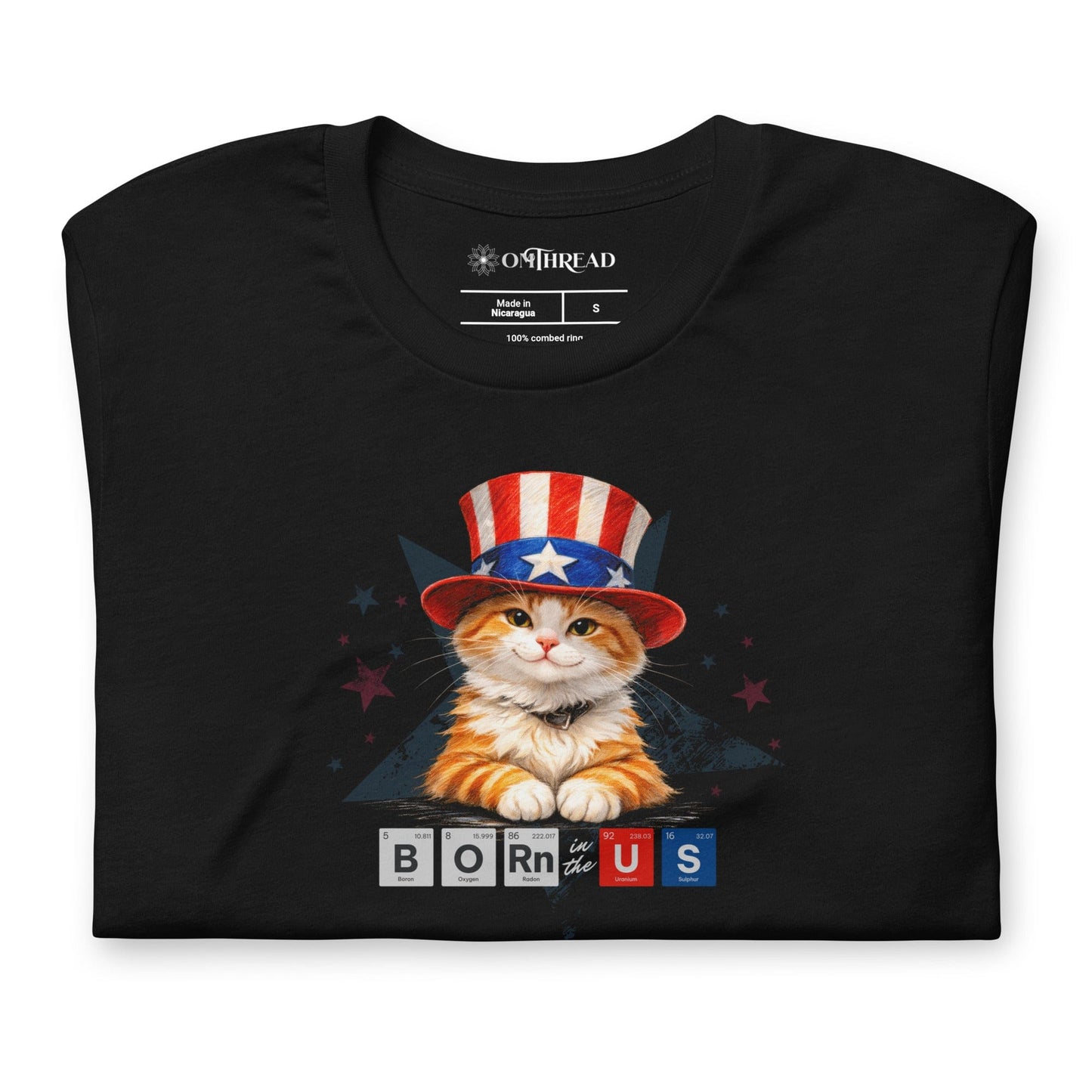 OMTHREAD Patriot Ginger Cat Graphic Tee Born in USA 4th July