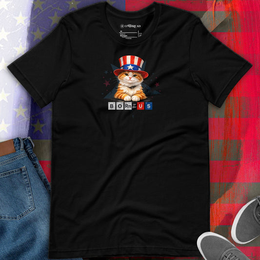 OMTHREAD Patriot Ginger Cat Graphic Tee Born in USA 4th July