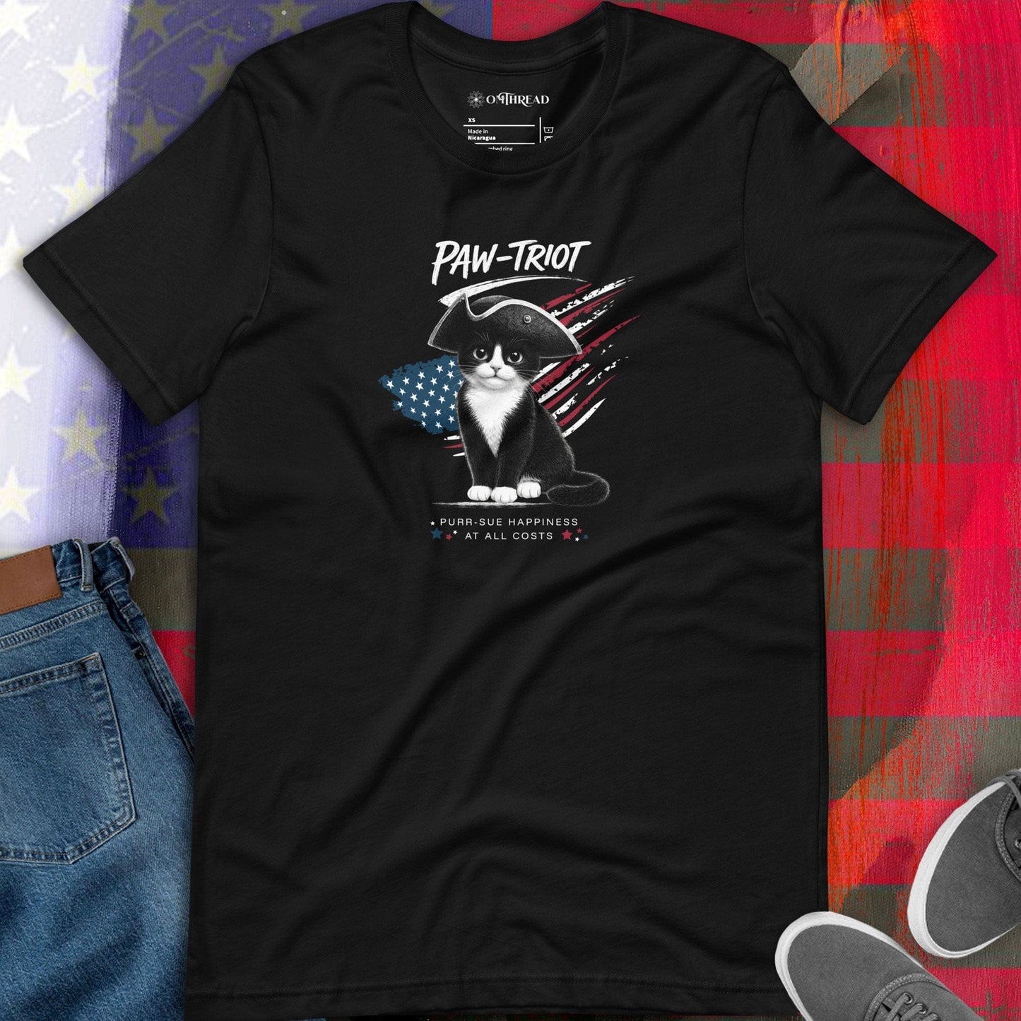 OMTHREAD Paw-triot Patriotic Tuxedo Cat Shirt July 4 Tee