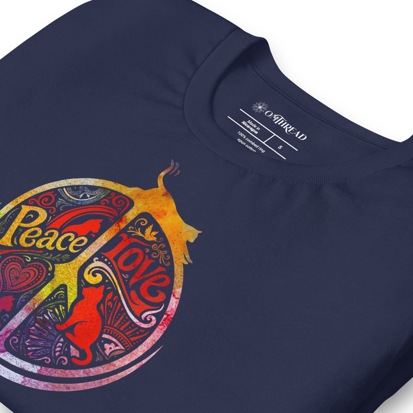 OMTHREAD Peace Love Cats Retro T-Shirt Hippie Peace Sign Graphic
