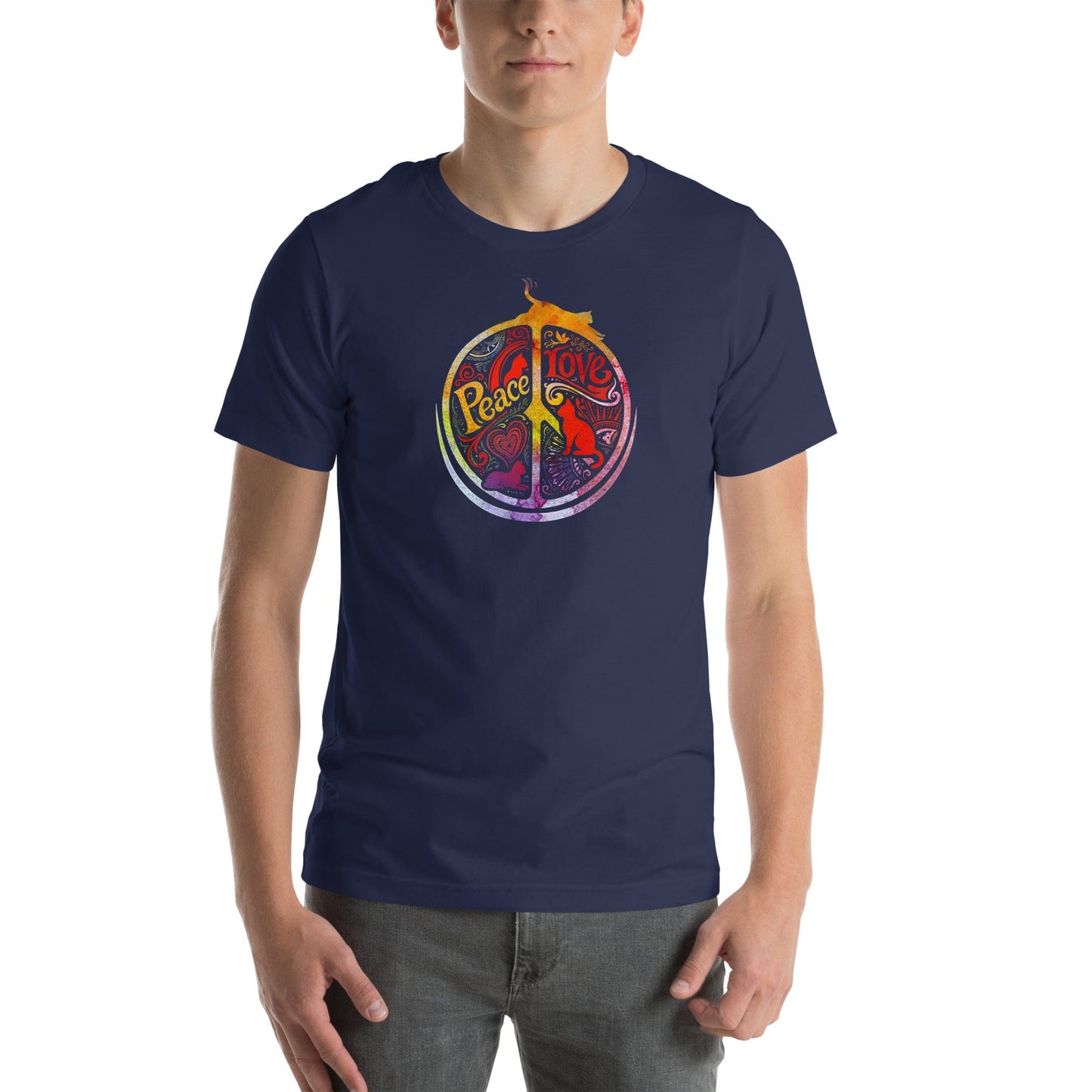 OMTHREAD Peace Love Cats Retro T-Shirt Hippie Peace Sign Graphic