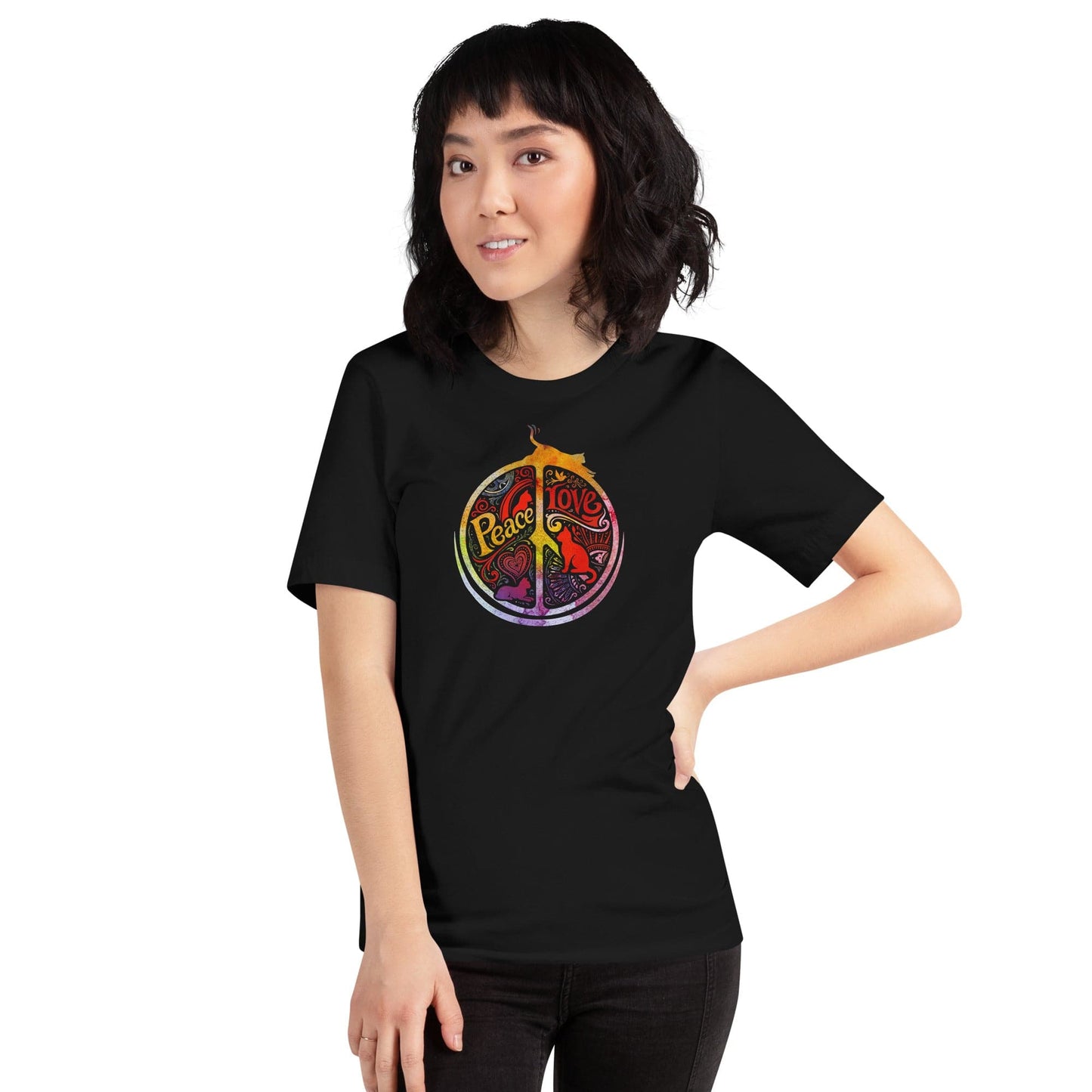 OMTHREAD Peace Love Cats Retro T-Shirt Hippie Peace Sign Graphic