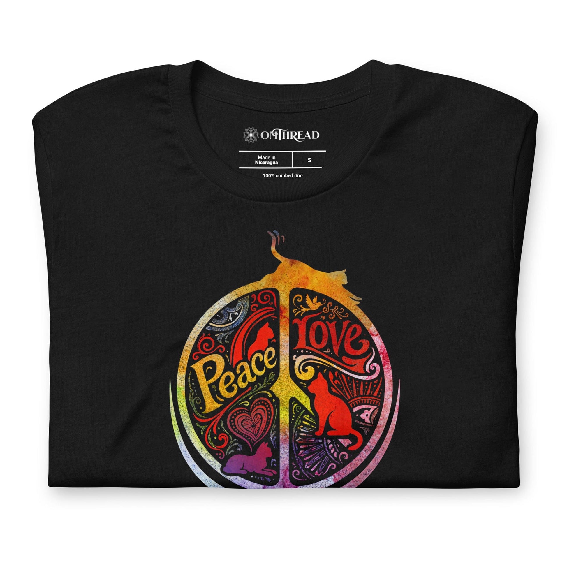 OMTHREAD Peace Love Cats Retro T-Shirt Hippie Peace Sign Graphic