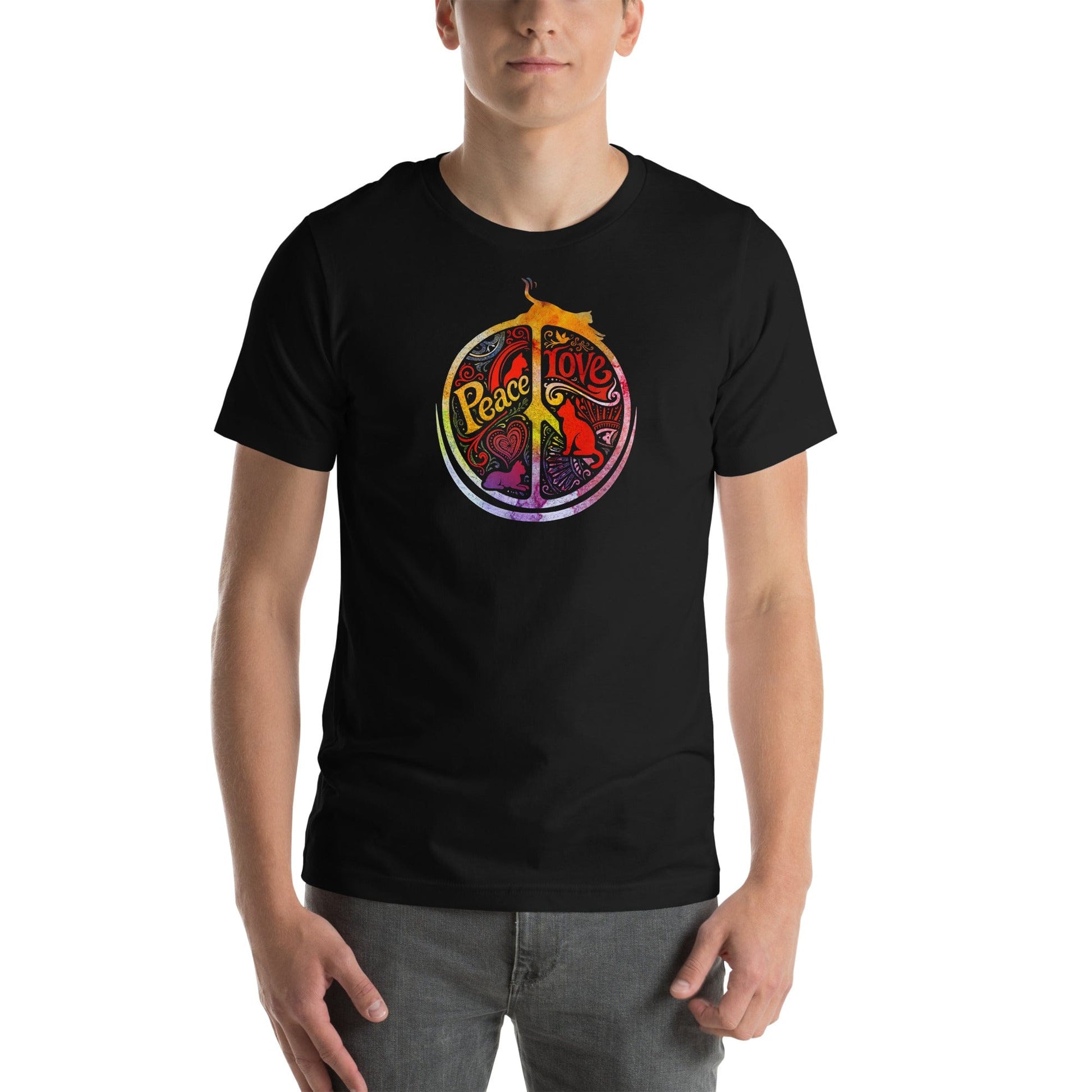 OMTHREAD Peace Love Cats Retro T-Shirt Hippie Peace Sign Graphic