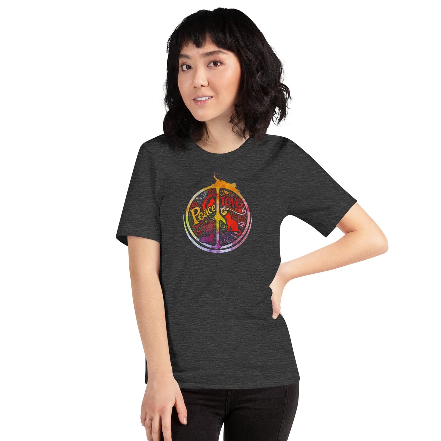OMTHREAD Peace Love Cats Retro T-Shirt Hippie Peace Sign Graphic