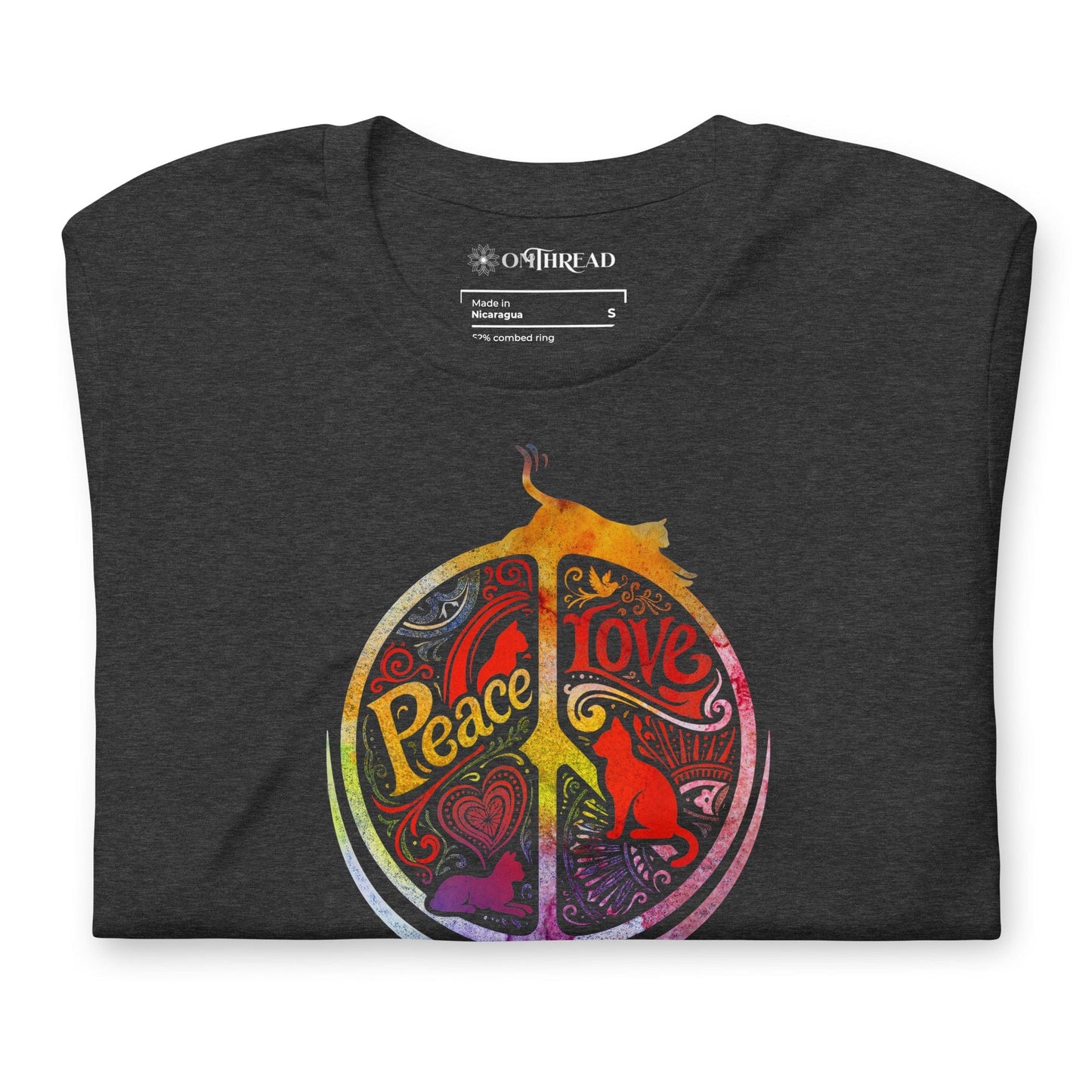 OMTHREAD Peace Love Cats Retro T-Shirt Hippie Peace Sign Graphic