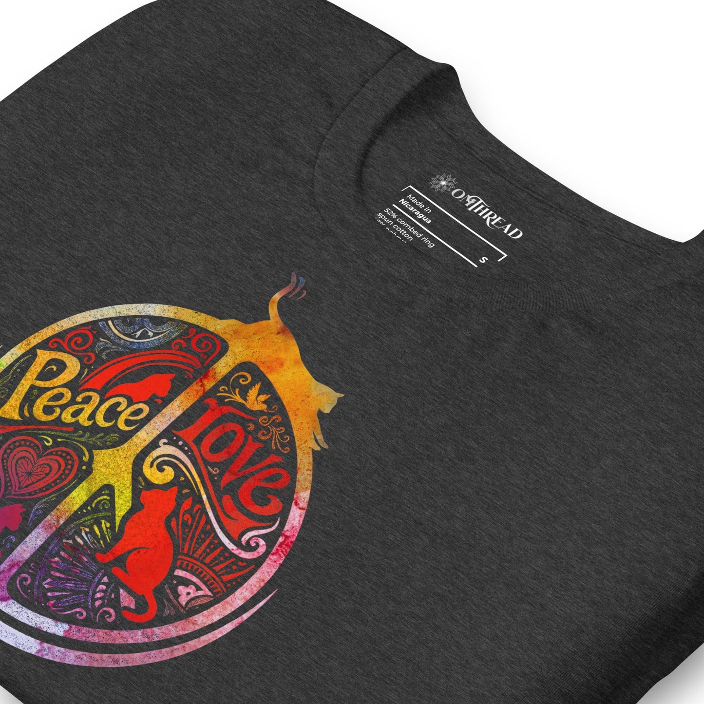 OMTHREAD Peace Love Cats Retro T-Shirt Hippie Peace Sign Graphic