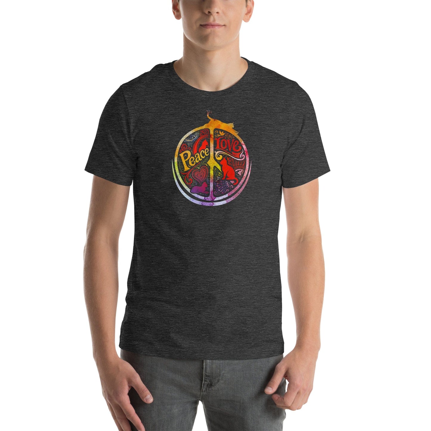 OMTHREAD Peace Love Cats Retro T-Shirt Hippie Peace Sign Graphic