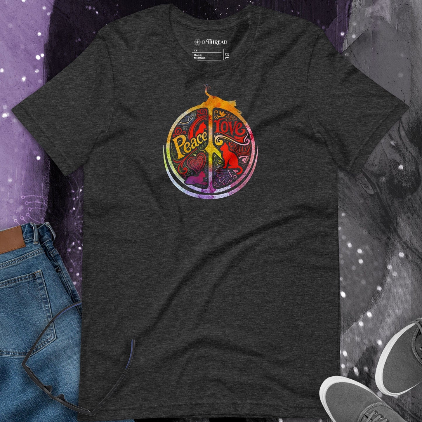 OMTHREAD Peace Love Cats Retro T-Shirt Hippie Peace Sign Graphic