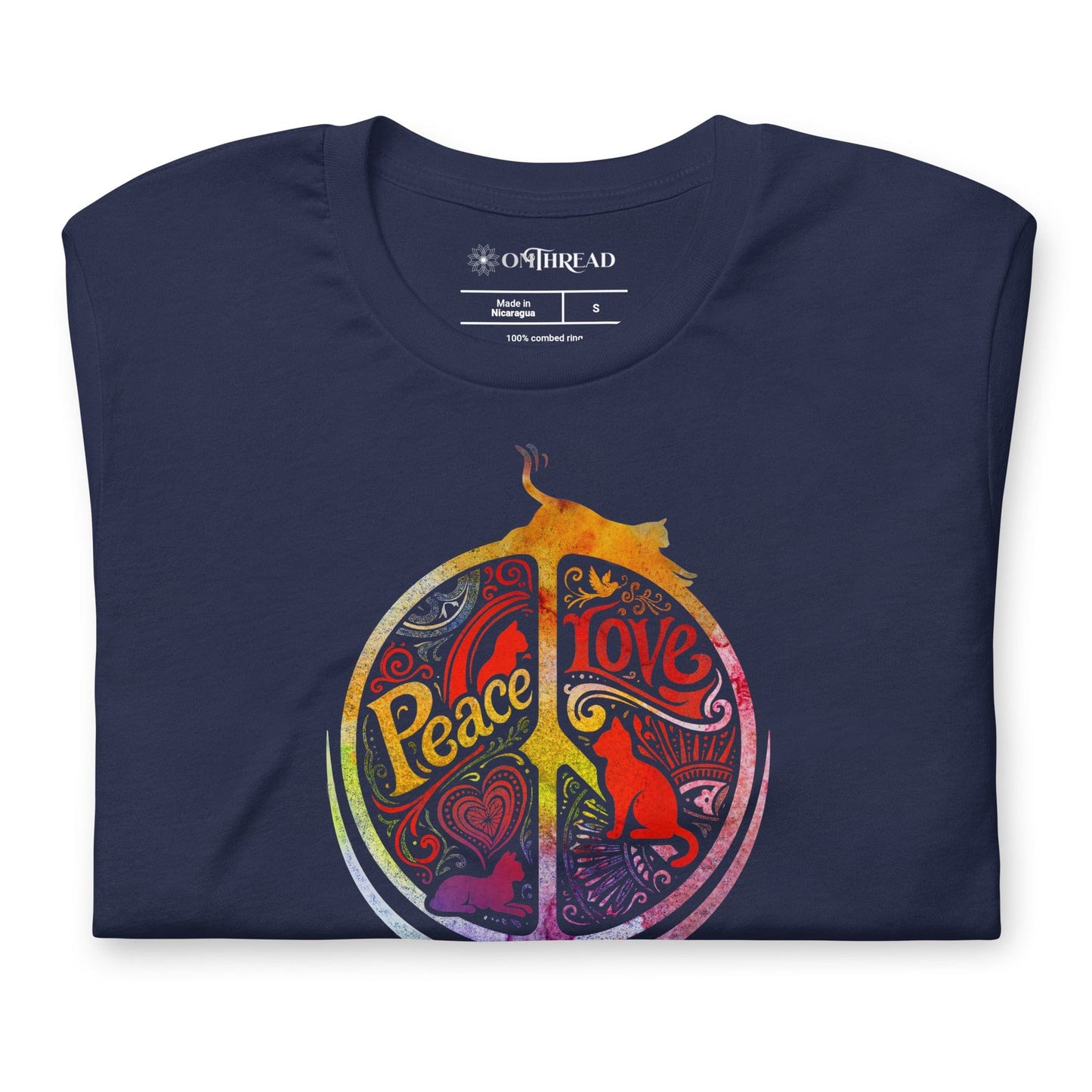 OMTHREAD Peace Love Cats Retro T-Shirt Hippie Peace Sign Graphic