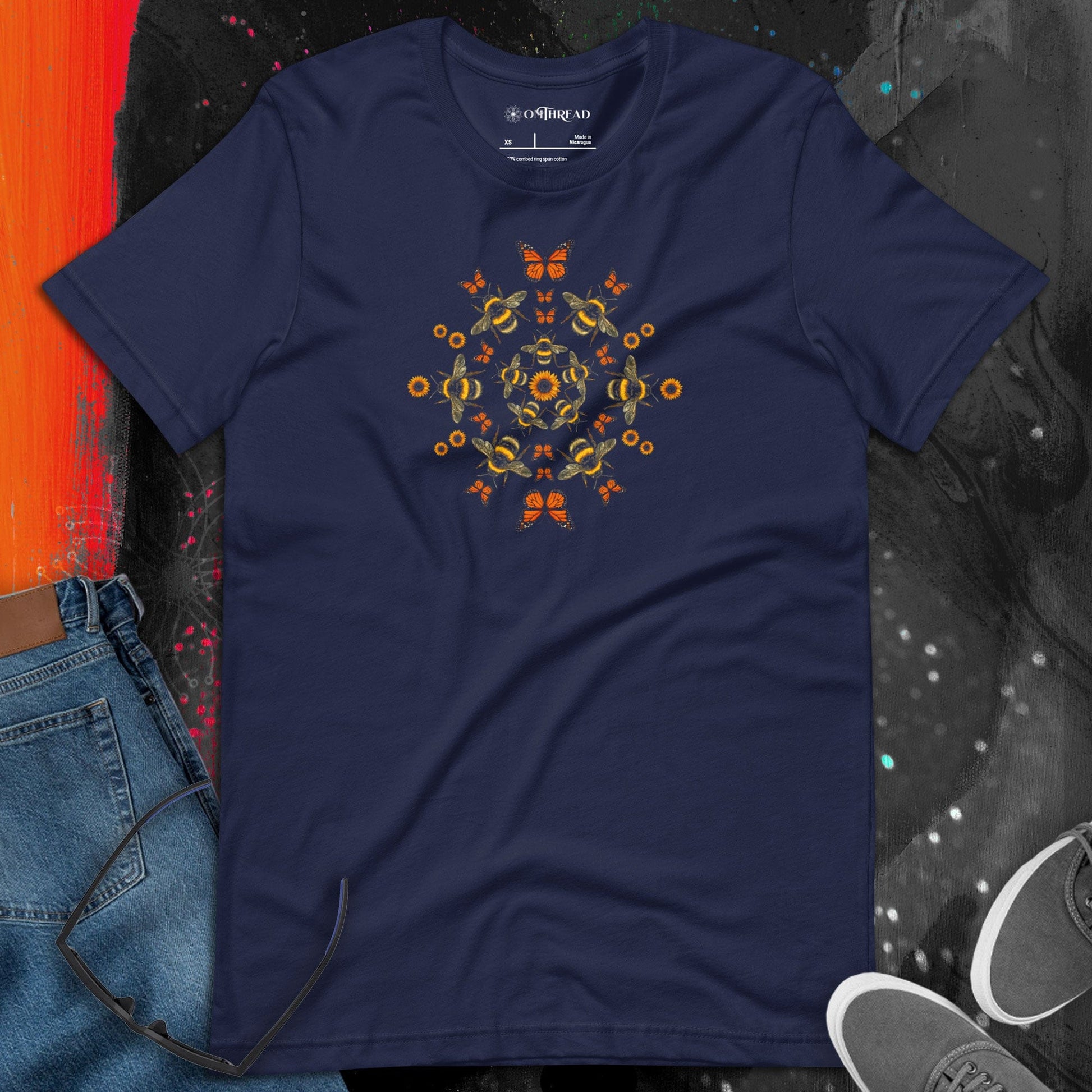 OMTHREAD Pollinator Mandala T-Shirt Monarch Butterfly Bee Sunflower