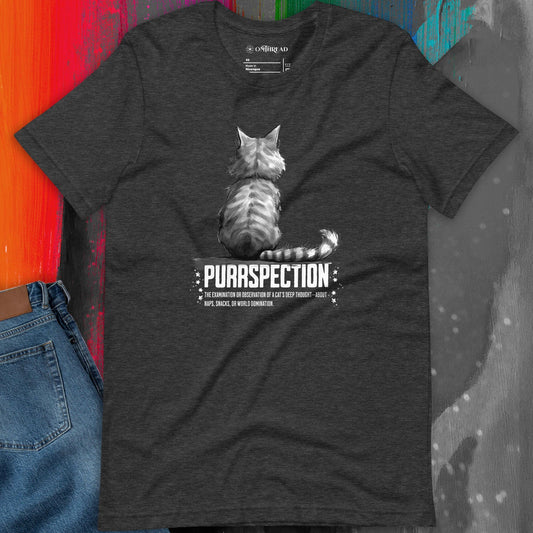 OMTHREAD Purrspection Cat dark grayT-Shirt featuring a cat's back with the word 'Purrspection' and a funny definition below