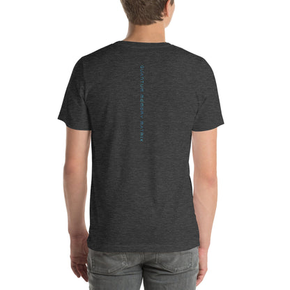 Person wearing a dark gray t-shirt with a Quantum Memory Matrix design 