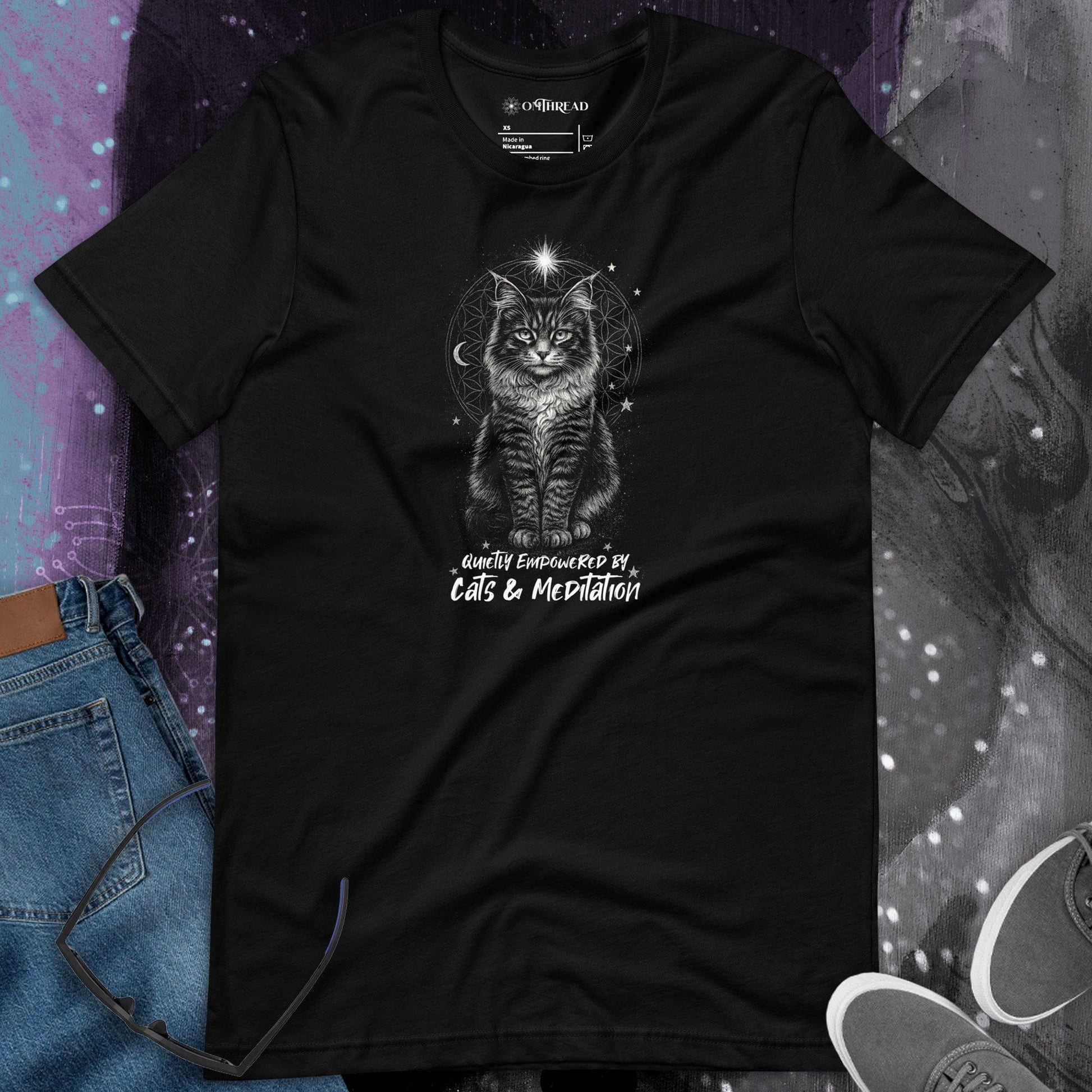 OMTHREAD Quietly Empowered by Cats and Meditation Celestial Cat T-Shirt