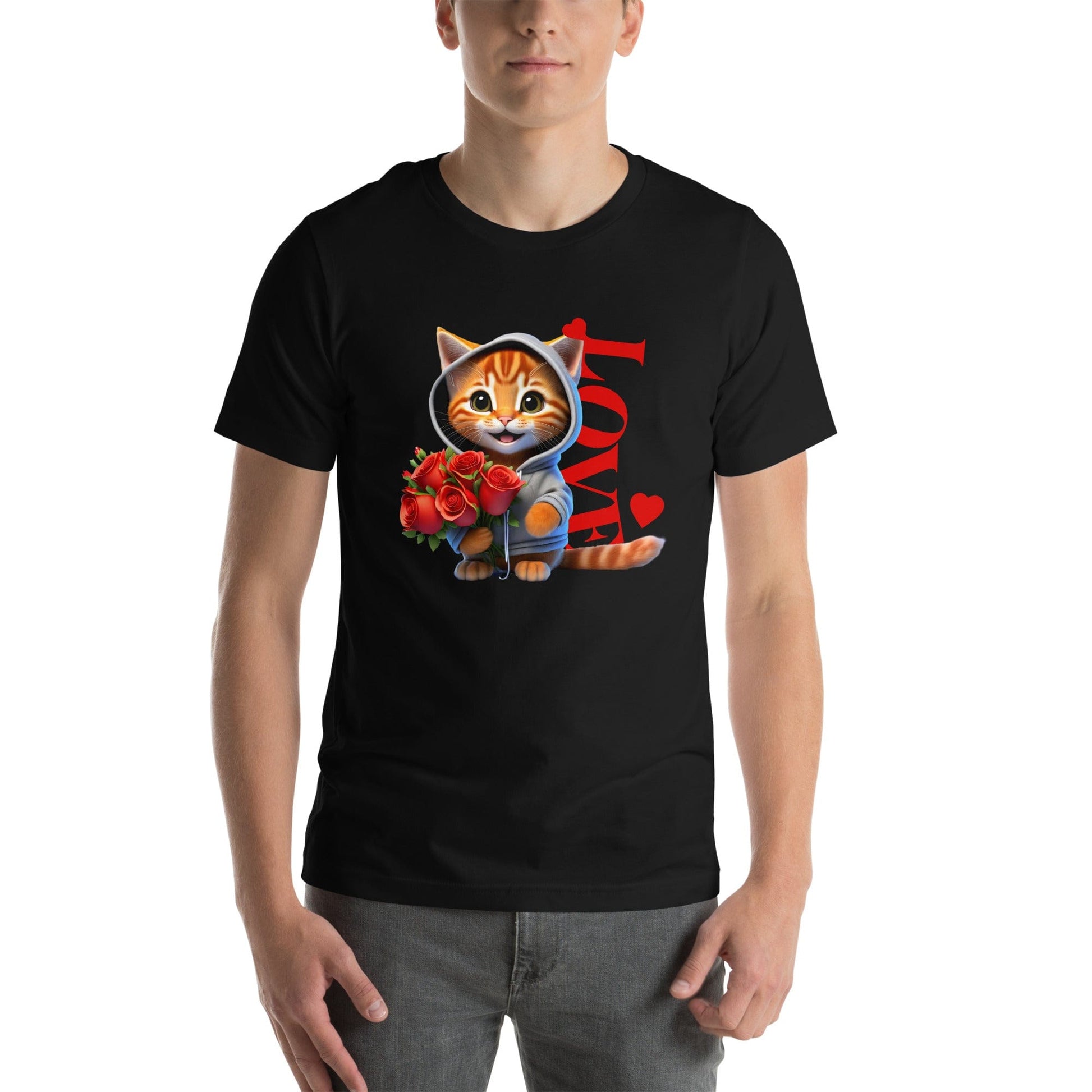 Man wearing a black t-shirt featuring a cute orange tabby cat wearing a hoodie, holding a bouquet of red roses, with the word 'LOVE' in bold red letters and heart accents behind the cat.