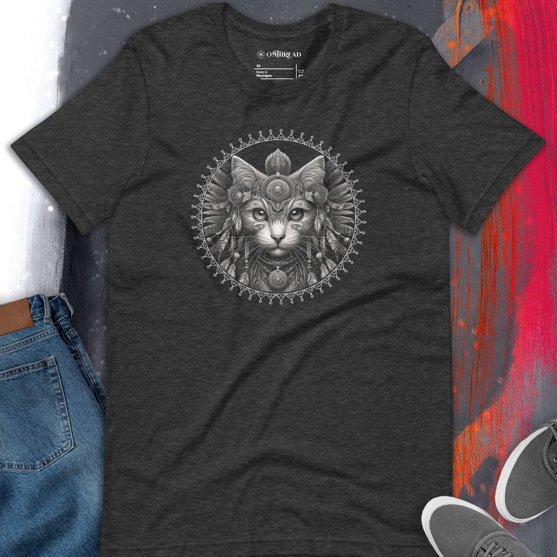 OMTHREAD Sacred Mandala Shaman Cat Dark Gray T-Shirt featuring a detailed mandala design with a cat and spiritual elements.