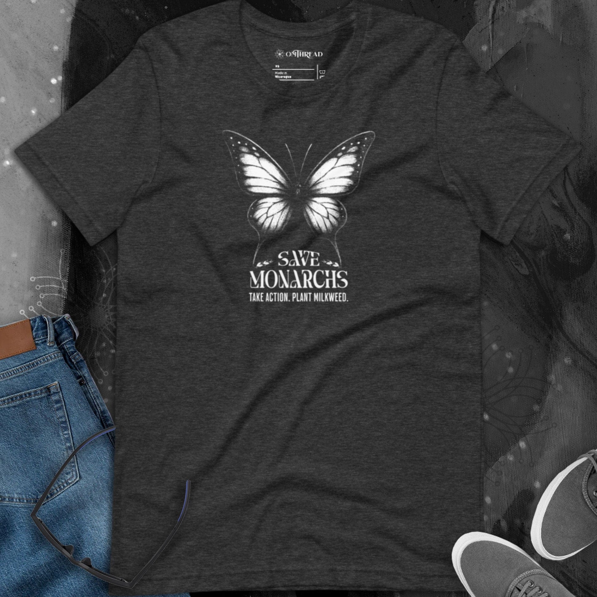 OMTHREAD Save Monarchs Shirt Black and White Butterfly Conservation Tee
