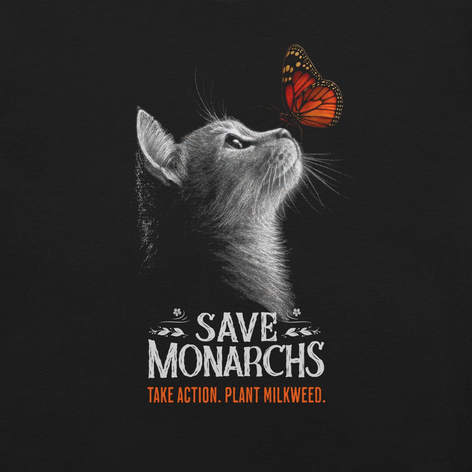 OMTHREAD Save Monarchs, Take Action, Plant Milkweed Cat T-Shirt, Wildlife Conservation Gift Tee