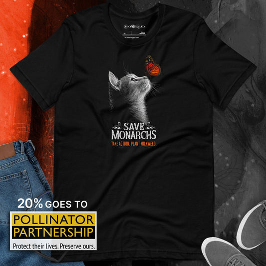 OMTHREAD Save Monarchs, Take Action, Plant Milkweed Cat T-Shirt, Wildlife Conservation Gift Tee