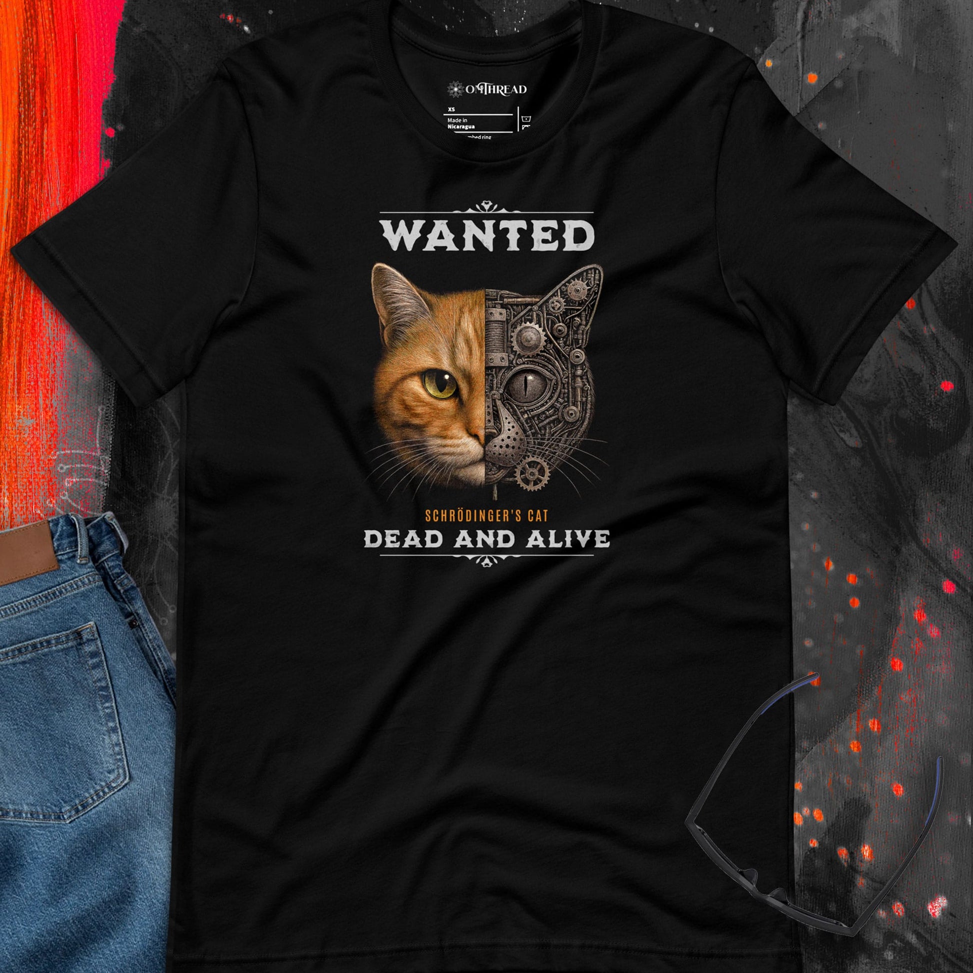 OMTHREAD Schrodinger Orange Tabby Cat Shirt Science Physics Tee