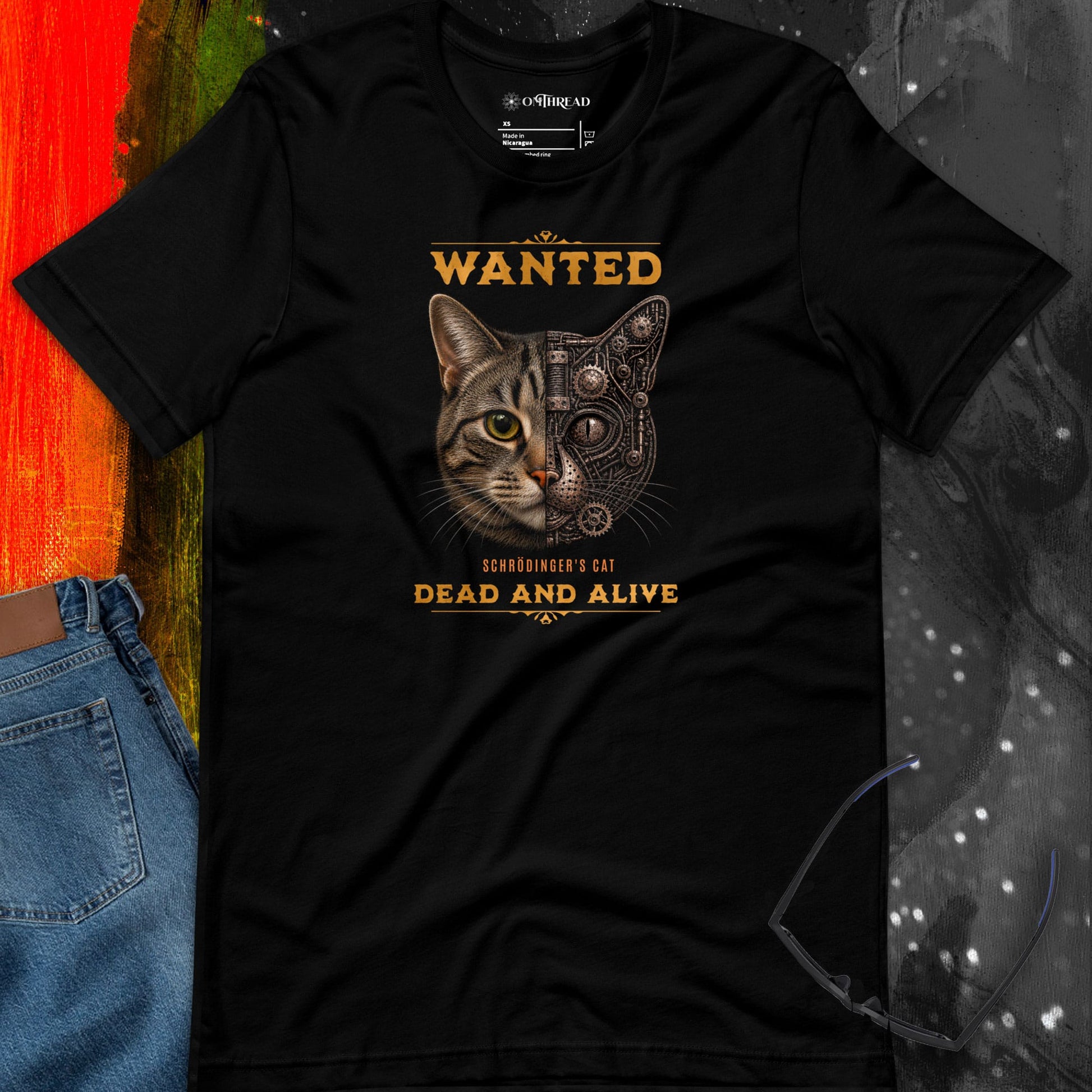 OMTHREAD Schrodinger Tabby Cat Shirt Wanted Science Graphic Tee
