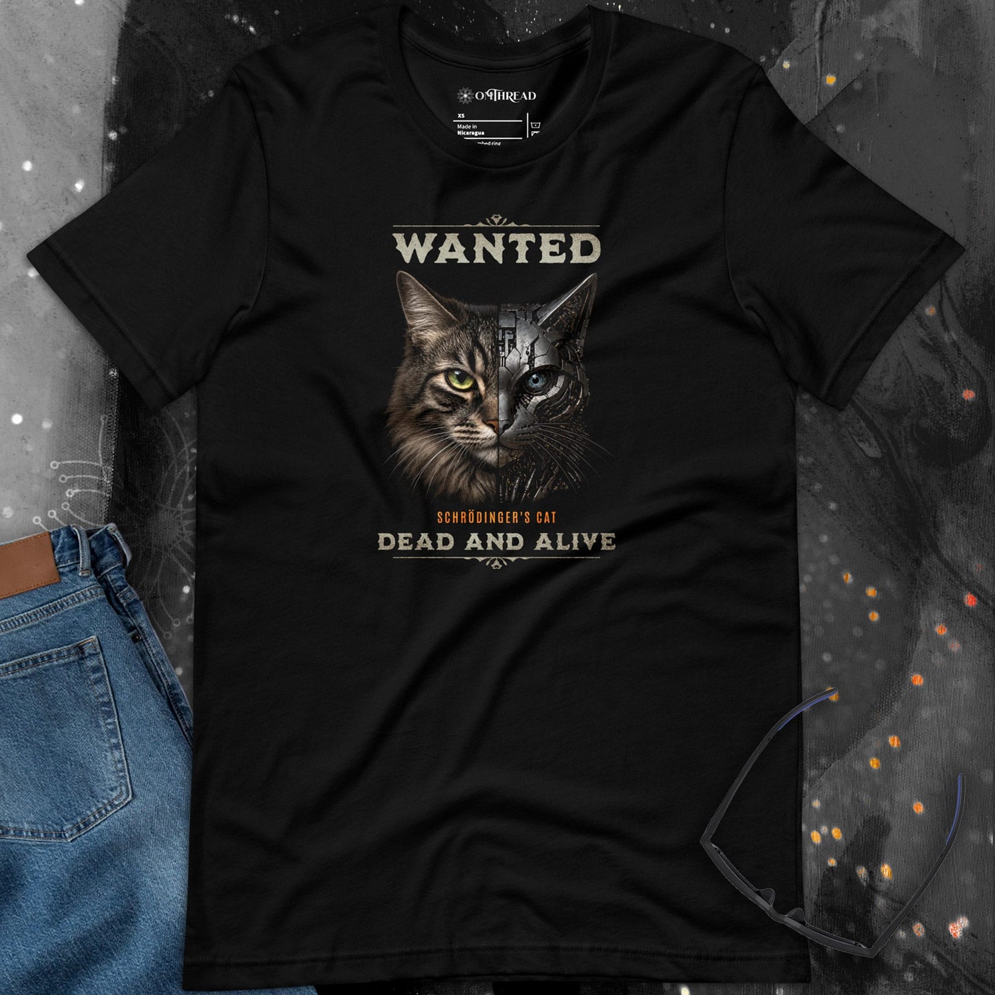 OMTHREAD Schrodinger Tabby Cat Shirt Wanted Science Graphic Tee