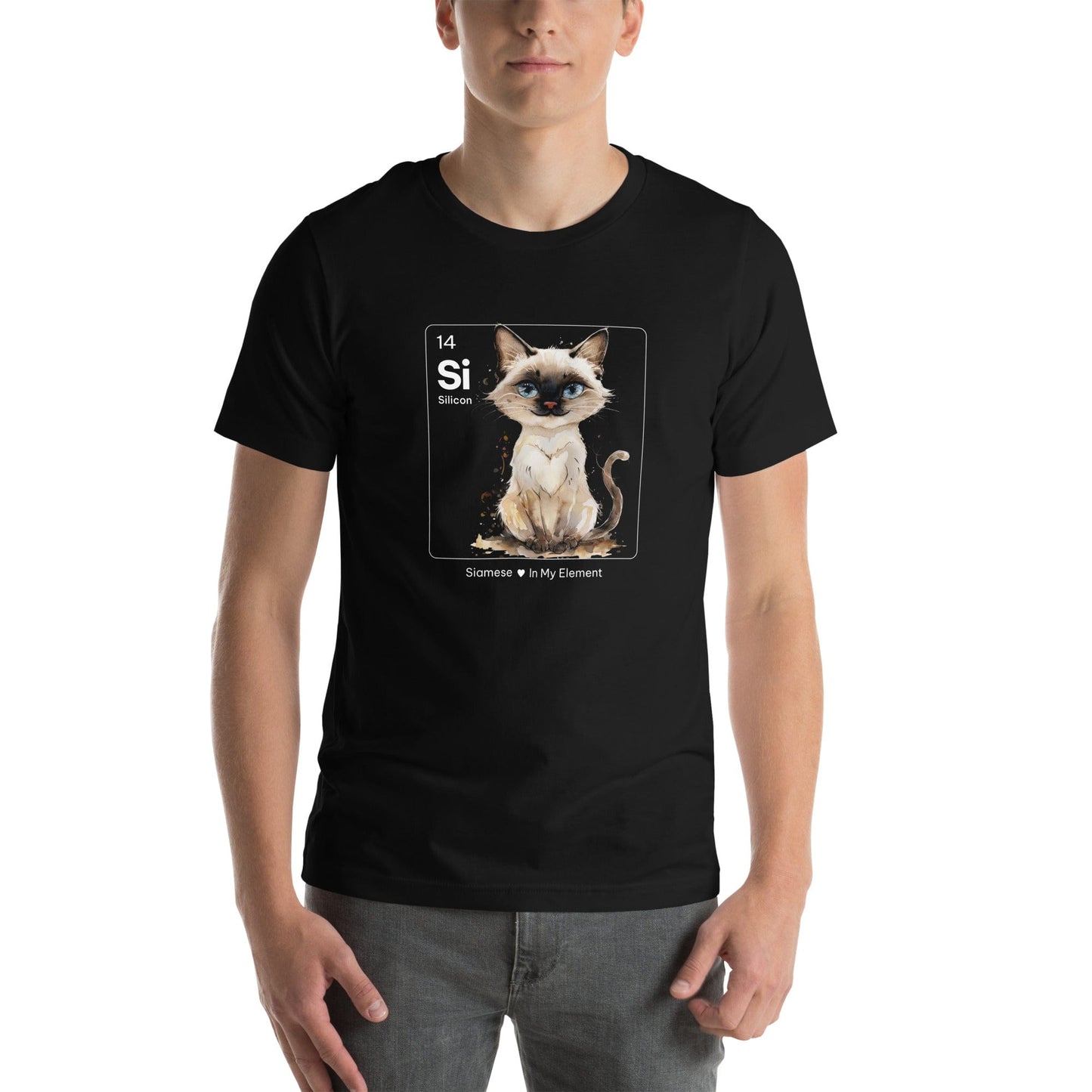 Man wearing black t-shirt featuring a cute Siamese cat illustration inside a periodic table-inspired square labeled 'Si' for Silicon, with the text 'Siamese In My Element' below.